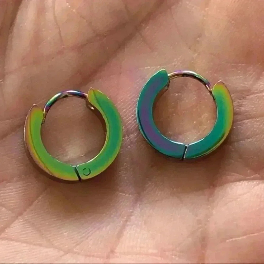 Oil Slick Rainbow 3.8mm Stainless Steel Stud Hoop Earrings NWT
